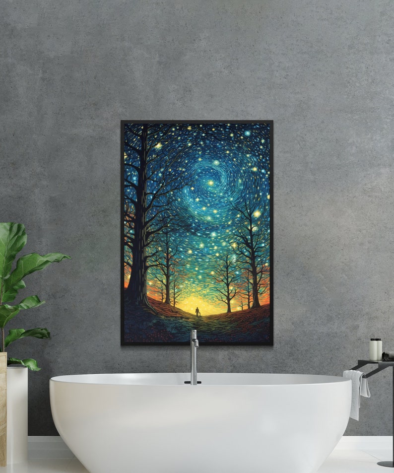 Starry Night Sky Forest Canvas Print, Romantic Wall Art, Cosmic Nature ...