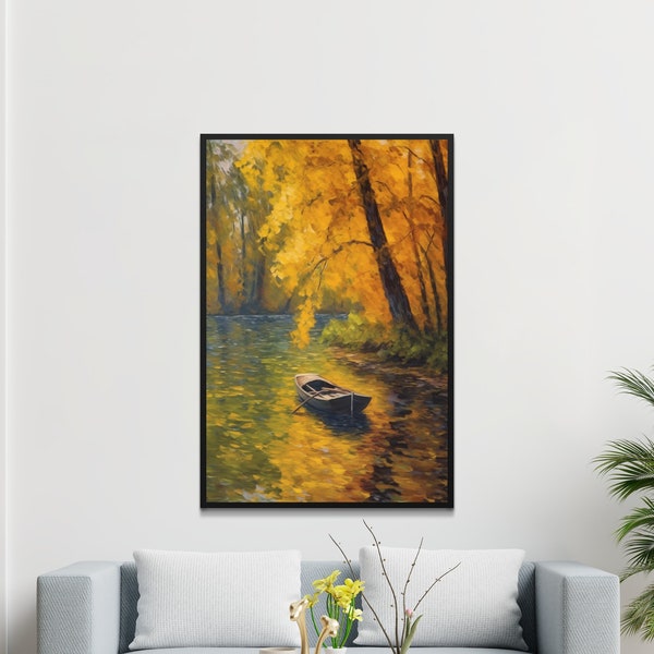 Autumn River Landscape Canvas Art, Serene Nature Wall Decor, Boat in Fall Scene, Large Wall Art