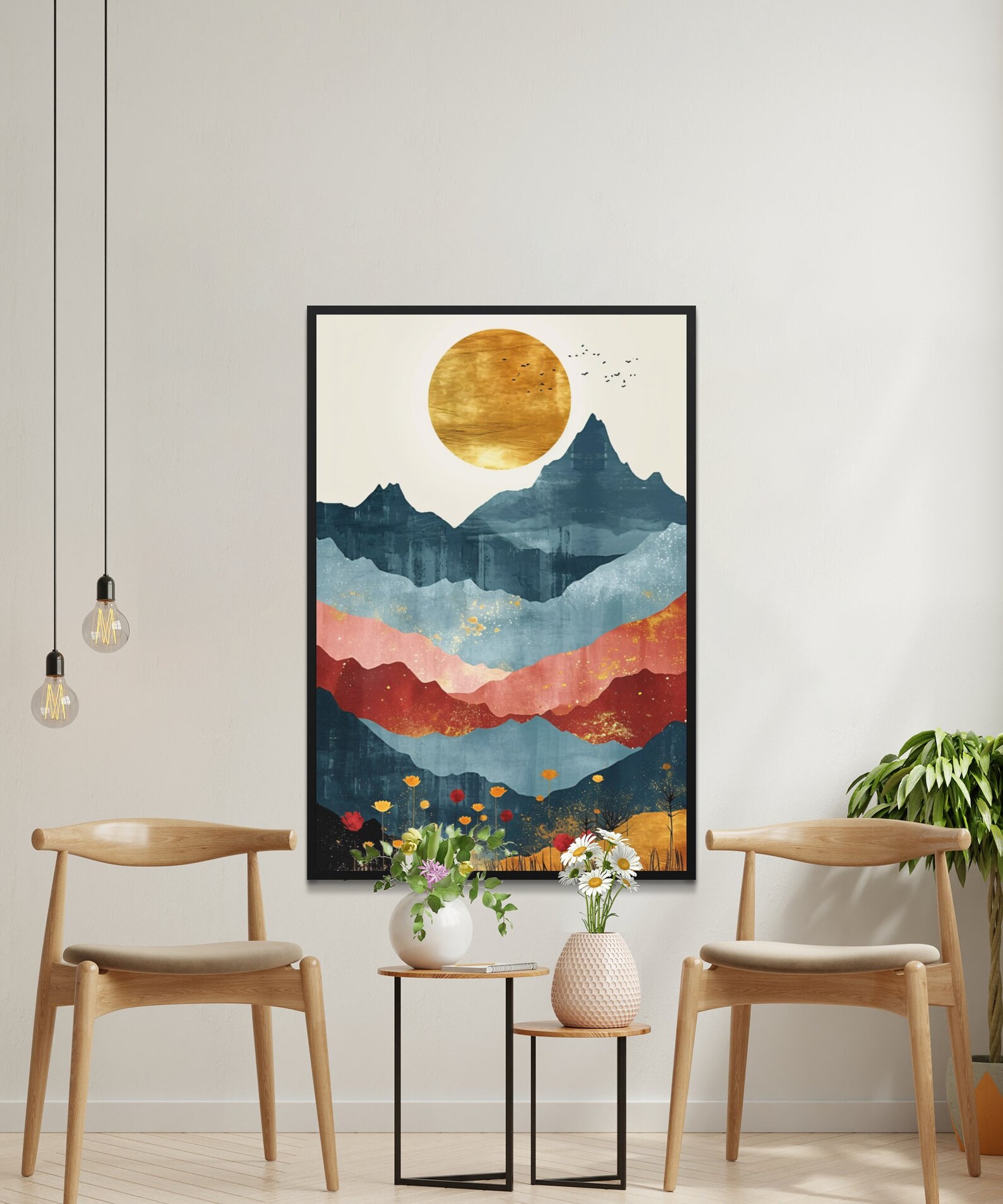 Abstract Mountain Landscape Wall Art, Golden Sun Print, Modern Nature ...