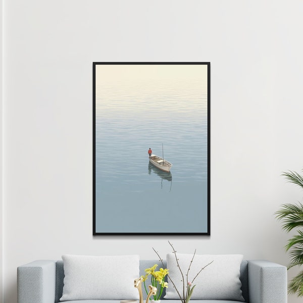 Serene Lake Scene Wall Art, Solitary Man on Boat, Calm Water Reflection, Minimalistic Home Decor, Tranquil Nature Print, Meditative Artwork