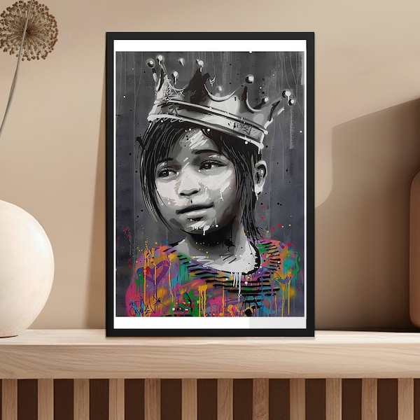 Urban Princess Crown Street Art, Digital Print, Modern Graffiti Wall Art, Monochrome Girl Portrait, Child Asian Traditional Dress