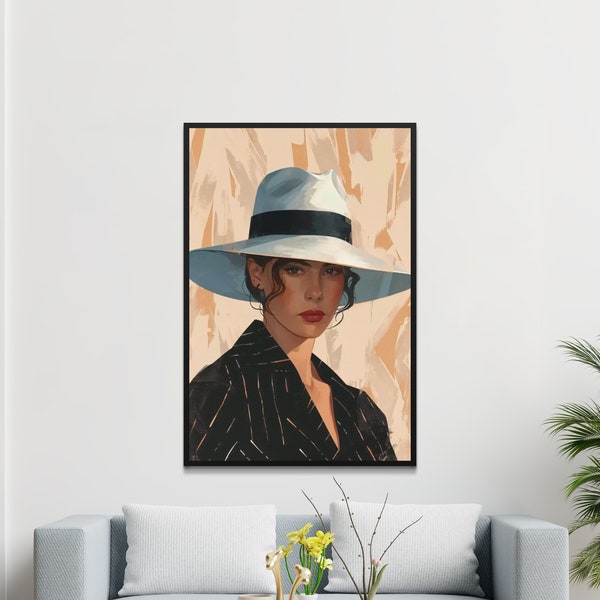 Stylish Woman with Hat Illustration, Chic Modern Wall Art, Elegant Home Decor, Unique Bedroom Artwork, Fashion Portrait Print
