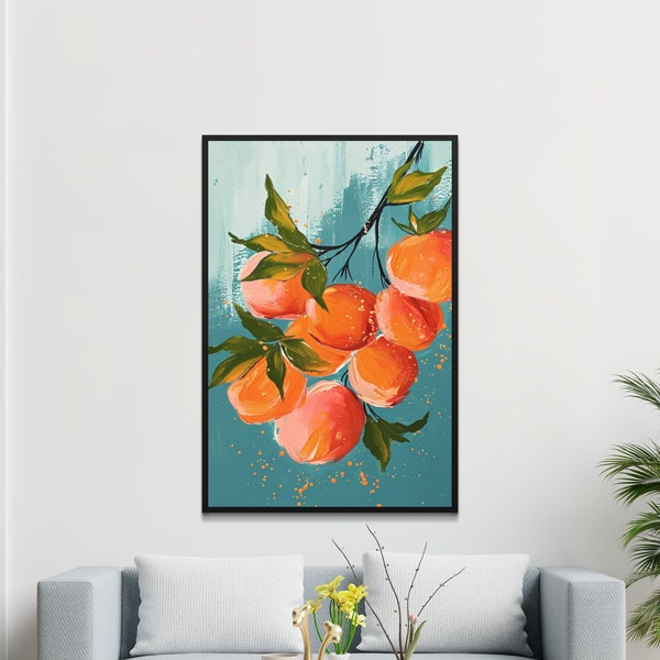 Vibrant Citrus Oranges Painting, Modern Kitchen Wall Art, Fresh Fruit Home Decor, Abstract Citrus Branch Canvas Print