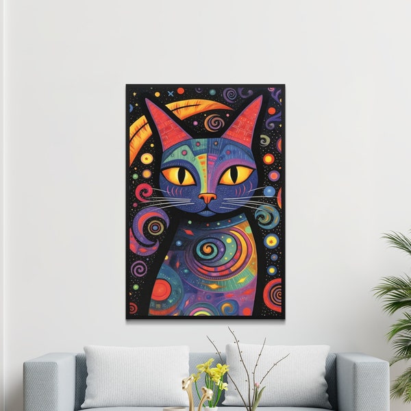 Whimsical Cat Wall Art, Colorful Feline Painting, Psychedelic Kitty Home Decor, Vibrant Cosmic Animal Print, Unique Gift Idea