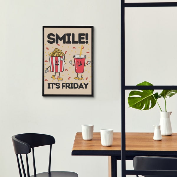 Smile It's Friday Fun Popcorn and Soda Cartoon Wall Art, Quirky Kitchen Decor, Vibrant Poster