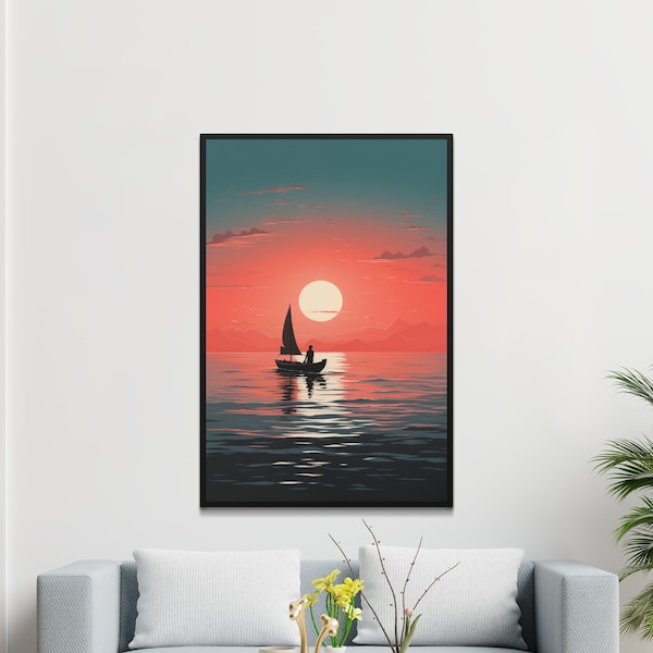 Sunset Sailboat Wall Art, Serene Ocean Landscape, Nautical Sunset Print, Calming Red Sea Scenery, Home Decor
