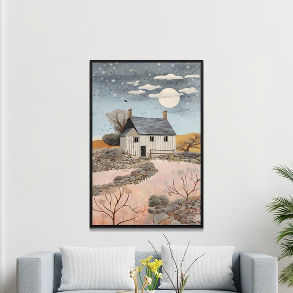 Rustic Cottage Landscape Wall Art, Starry Night Sky, Pastel Country Home Decor, Large Wall Hanging