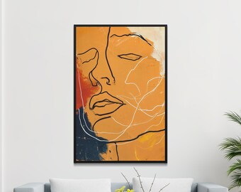 Abstract Face Line Art, Modern Wall Decor, Orange and Yellow Art Print, Contemporary Home Decor, Large Wall Art, Minimalist Face Drawing