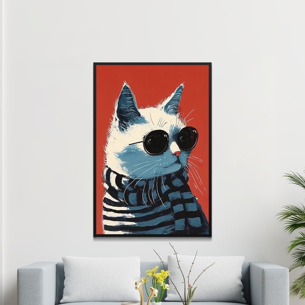 Cool Cat with Sunglasses Art Print, Hipster Cat Wall Art, Trendy Animal Illustration, Modern Home Decor, Unique Indie Room Decoration