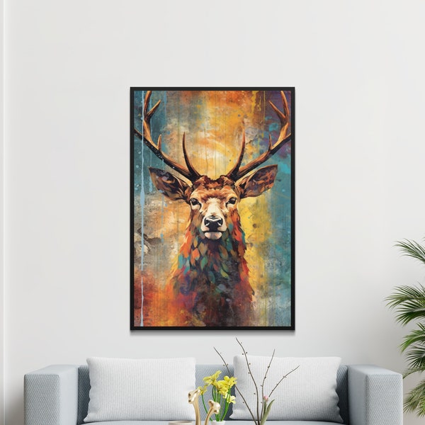 Rustic Deer Wall Art, Colorful Stag Print, Modern Wildlife Home Decor, Bohemian Style Animal Painting, Large Poster