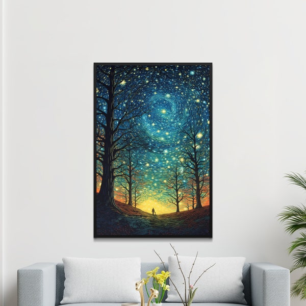 Starry Night Sky Forest Canvas Print, Romantic Wall Art, Cosmic Nature Landscape, Home Decor