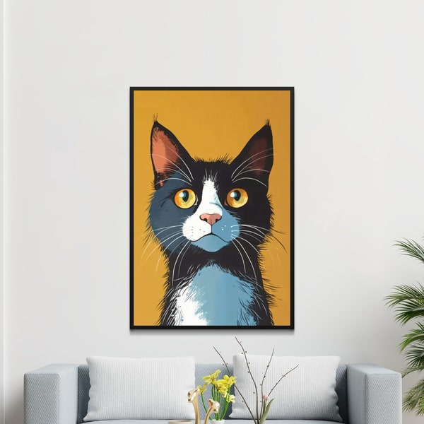 Colorful Cat Art Print, Whimsical Feline Wall Decor, Vibrant Yellow Background, Modern Home Decoration, Cat Lover Gift Idea, 8x10