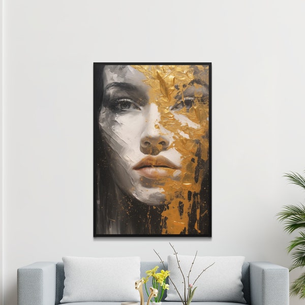 Abstract Portrait Wall Art, Gold Leaf Black and White, Modern Home Decor, Large Canvas Print, Living Room Art, Unique Artistic Painting