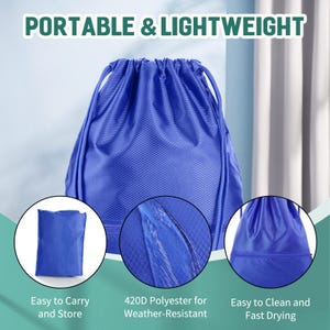 以下が含まれることがあります： 「PORTABLE & LIGHTWEIGHT」の文字が入った青色の巾着袋。バッグは420Dポリエステル製で、耐候性があります。「Easy to Carry and Store」と「Easy to Clean and Fast Drying」の追加テキストがあります。