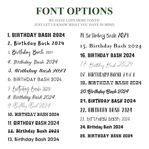 以下が含まれることがあります： 白い背景に、「Birthday Bash 2024」のテキストの25種類のフォントオプションが表示されています。フォントは、太字のサンセリフからエレガントなスクリプトまで様々です。画像には、上部に「FONT OPTIONS」というテキストも含まれています。