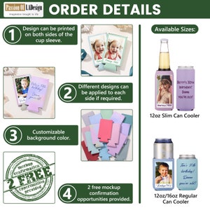 May include: A graphic showing different customization options for 12oz slim and 12oz/16oz regular can coolers. The graphic shows different designs, colors, and sizes available. It also mentions that two free mockups are provided.