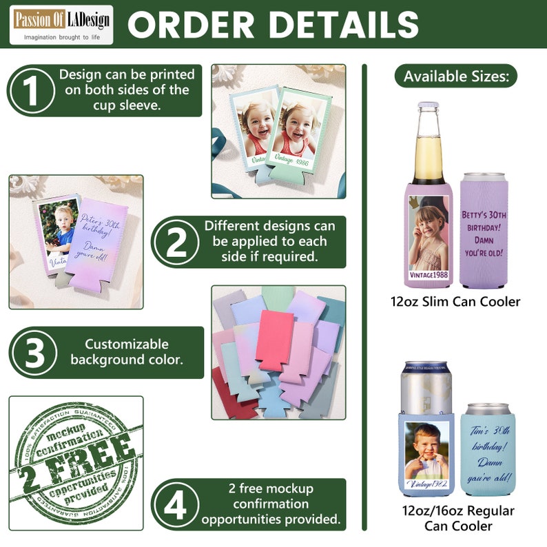 May include: A graphic showing different customization options for 12oz slim and 12oz/16oz regular can coolers. The graphic shows different designs, colors, and sizes available. It also mentions that two free mockups are provided.