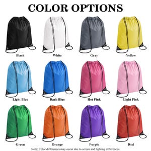 May include: A collection of twelve drawstring bags displayed in a grid, each featuring black cords and reinforced corners. The bags are available in black, white, gray, yellow, light blue, dark blue, hot pink, light pink, green, orange, purple, and red.