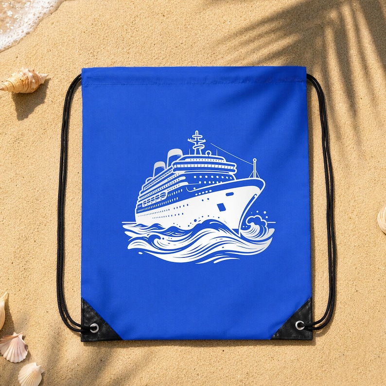 May include: A bright blue drawstring bag featuring a white graphic print of a large cruise ship sailing on stylized ocean waves. The bag has black cord straps and black reinforced corners at the bottom, providing a functional design for carrying items.