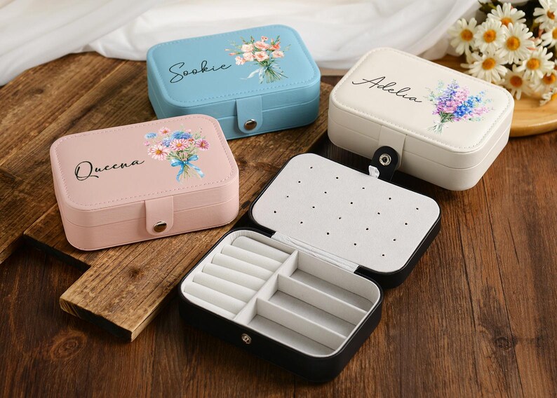 Personalized Birth Flower Jewelry Box, Custom Name Travel Jewelry Box ...