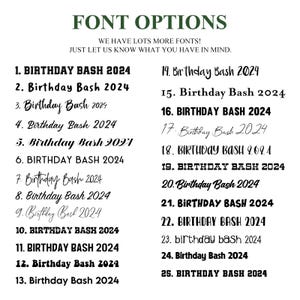 May include: A digital chart titled FONT OPTIONS displaying twenty-five numbered lines of text. Each line features the phrase BIRTHDAY BASH 2024 rendered in a unique typeface, ranging from bold block letters to thin cursive scripts and decorative styles.