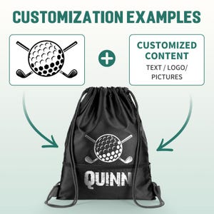 以下が含まれることがあります： 黒い巾着バッグ。ゴルフボールとクラブのグラフィック、白で「QUINN」という名前。画像には「カスタマイズの例」と「カスタマイズされたコンテンツテキスト/ロゴ/写真」というテキストが含まれています。