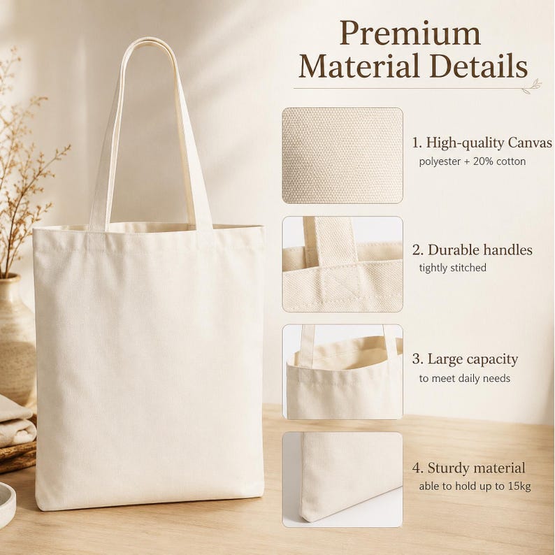 May include: A plain off-white canvas tote bag with two long handles. The image includes text titled Premium Material Details, highlighting high-quality canvas, durable tightly stitched handles, large capacity, and sturdy material holding up to 33 lbs.