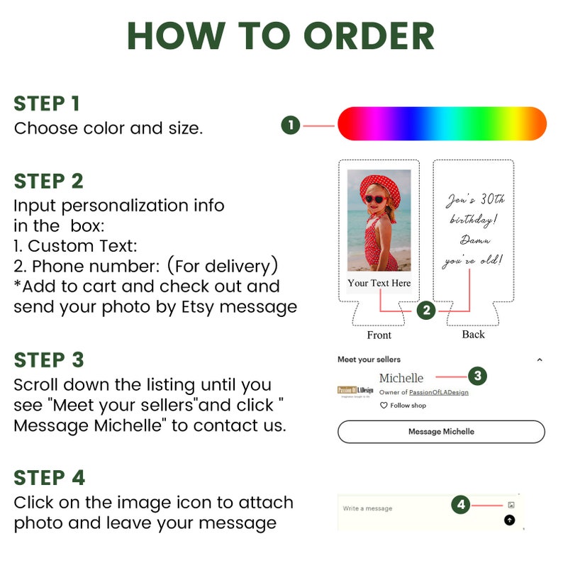 May include: How to order a personalized can cooler.  Step 1: Choose a color and size. Step 2: Input custom text and a phone number. Step 3: Scroll down the listing and click "Meet your sellers" to contact Michelle. Step 4: Click on the image icon to attach a photo and leave a message. The image shows a can cooler with a photo on the front and a birthday message on the back.