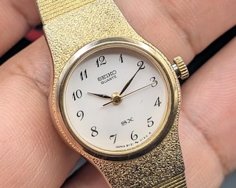 Vintage Seiko Gold-Tone Quartz Ladies Watch, Textured Bark Finish Bracelet, 80s Dress Watch