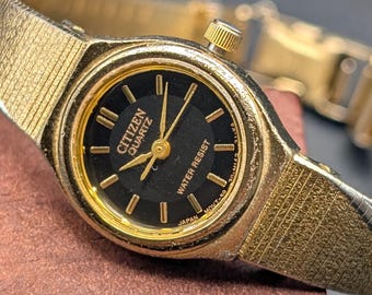 Vintage Citizen Two-Tone Gold & Silver Ladies Watch, Black Dial, 80s Minimalist Dress Watch