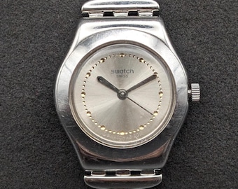 Vintage Swatch Silver Quartz Ladies Watch, Crystal-Link Bracelet, 90s Y2K Minimalist