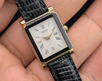 Vintage Samsung Tank Watch, Gold-Tone, Roman Numeral Dial, Black Lizard Strap