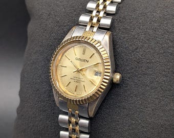 Vintage Gruen Two-Tone Date Quartz Ladies Watch, Fluted Bezel Mid-century Style, Two-Tone Jubilee Bracelet