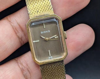 Vintage Birks Gold-Tone Mechanical Ladies Watch, Bark Texture Mesh Bracelet, 70s Mid-Century Dress Watch, Swiss Movement