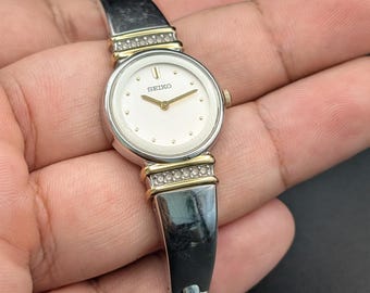 Vintage Seiko Crystal Watch: Two-Tone Cuff Bracelet, Y2K Ladies Jewelry