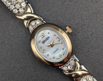 Vintage Gruen Two-Tone Crystal Ladies Watch, Oval Mother of Pearl Dial, Rhinestone Bracelet