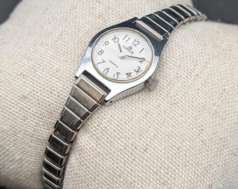 Vintage Lorus Silver-Tone Petite Ladies Watch, Stretch Expansion Bracelet, 90s Classic Style