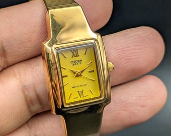 Neo Vintage Citizen Gold-Tone Tank Quartz Ladies Watch, Dainty Mesh Bracelet, 90s Classic Dress Watch