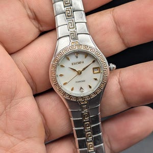 Vintage Elgin Ladies Watch, Two-Tone Greek Key Bezel, MOP Dial