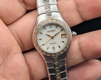 Vintage Elgin Ladies Watch, Two-Tone Greek Key Bezel, MOP Dial