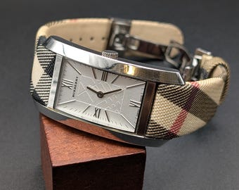 Neo-Vintage Burberry Silver-Tone Quartz Ladies Watch, Iconic Nova Check Strap, Minimalist Tank Watch