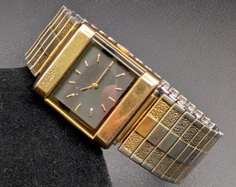 Vintage Seiko Quartz Ladies Watch, Two-Tone Square Case, Black Dial, Elegant Expansion Bracelet