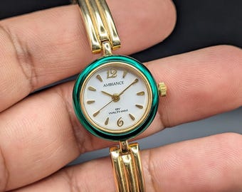 Vintage Waltham Ambiance Gold-Tone Quartz Ladies Watch, Emerald Green Bezel Bangle, 90s Dress Watch