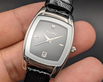 Vintage Elgin Black Dial Silver-Tone Tonneau Watch, New Leather Strap, Dress Watch