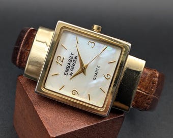 Vintage Embassy by Gruen Gold-Tone Cuff Watch, Mother of Pearl Dial, Croc Leather Band