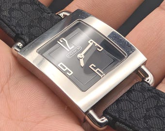 Vintage Coach Swiss Made Stainless Steel Watch, Black Monogram Canvas Strap, Y2K Designer