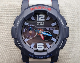 Casio Baby-G Navy White Analog-Digital Watch BGA-180 Tide Graph Surfing Sport