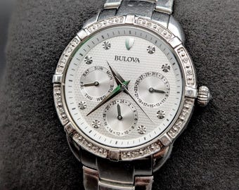 Vintage Bulova Maribor Diamond Multi-Function Watch, Silver Stainless Steel Bracelet, Y2K Modern Luxury