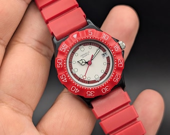 Vintage Caravelle by Bulova Red F1 Style Watch, Sporty Resin Strap, 90s Retro