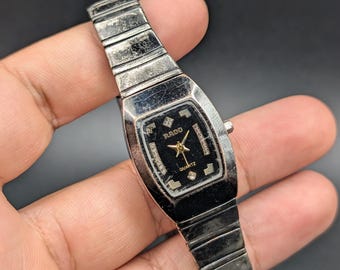 Vintage Rado Jubilé Quartz Watch, Black Dial with Crystal Accents, Sleek Integrated Bracelet